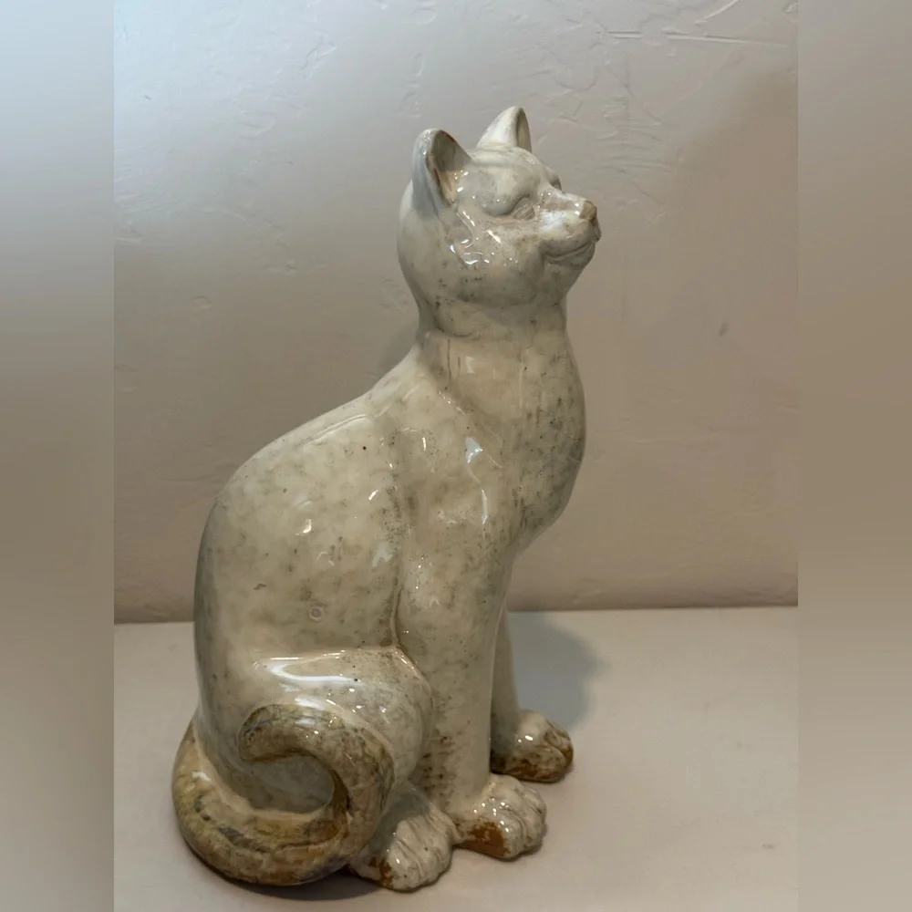 Vintage Pottery Large Smiling‎ Tall Cat Sculpture Figurine Glazed Folk Art Heavy